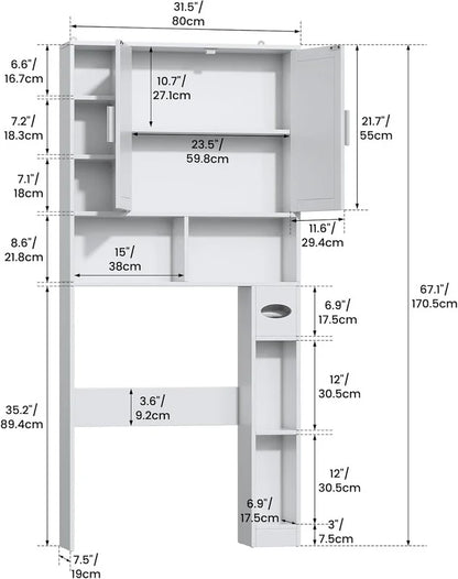 Frmobepts Over The Toilet Storage Cabinet with Toilet Paper Holder Stand, Above Toilet Organizer with Doors, Behind Toilet Shelf for Restroom, Bathroom, Laundry, White
