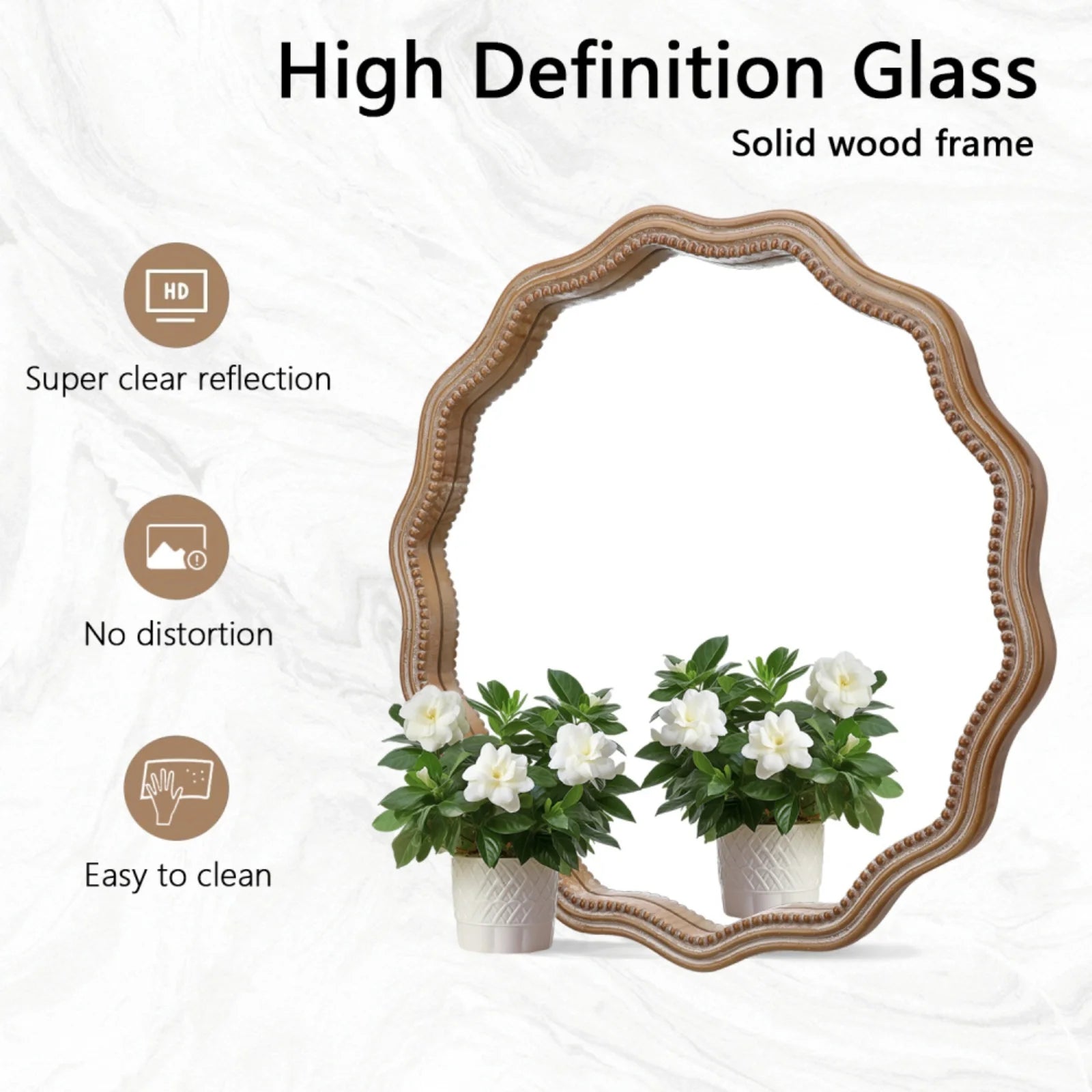 Honeey 24 Inch Circular Wave Wall Mirror, Large Decorative Wooden Frame Hanging Circular Mirror, Modern Farmhouse Decoration, Suitable for Bathroom, Living Room, Daycare Decoration