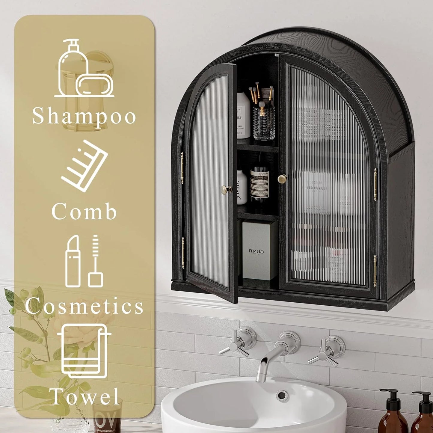 ANHDAH Arched Wall Cabinet Over Toilet, 2-Door Modern Medicine Storage with 2 Shelves. Space-Saving Mounted Organizer for Bathroom Towels & Cosmetics.