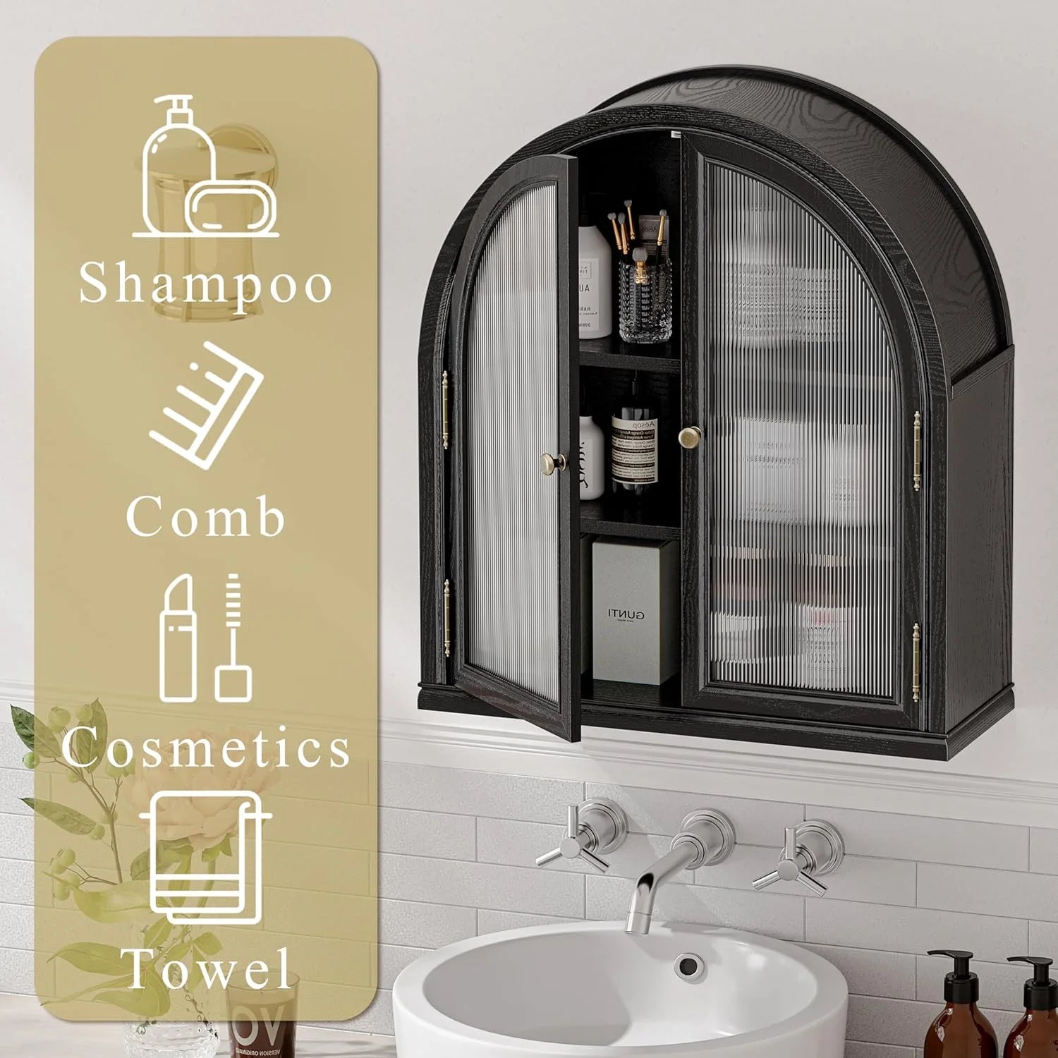 ANHDAH Arched Wall Cabinet Over Toilet, 2-Door Modern Medicine Storage with 2 Shelves. Space-Saving Mounted Organizer for Bathroom Towels & Cosmetics.
