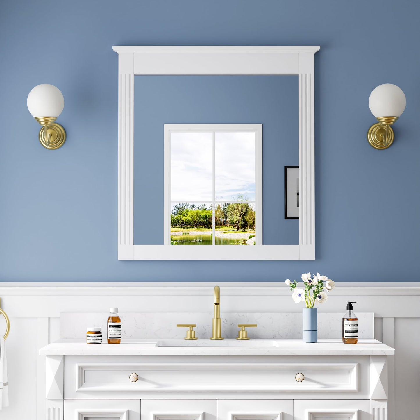 ANGELES HOME 33" x 32" Wall-Mounted Vanity Mirror, Solid Wooden Framed Makeup Mirror, Bathroom Wall Mirror for Bedroom Living Room Entryway, White