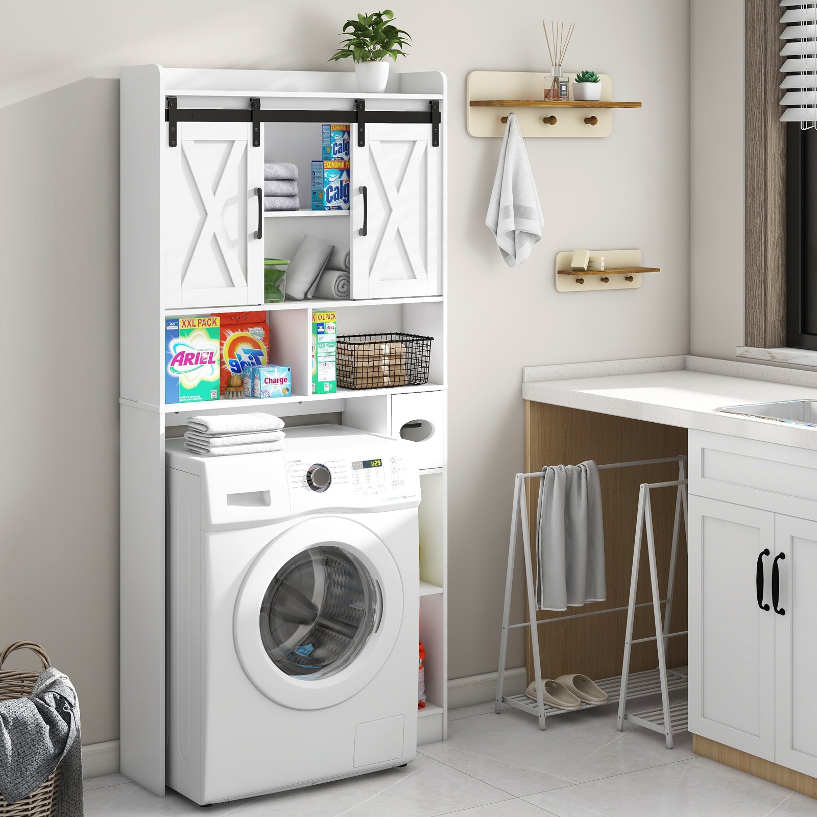 Over The Toilet Storage Cabinet, Farmhouse Storage Cabinet Over Toilet with Sliding Doors��Home Space-Saving Toilet Rack, for Bathroom, Restroom, Laundry