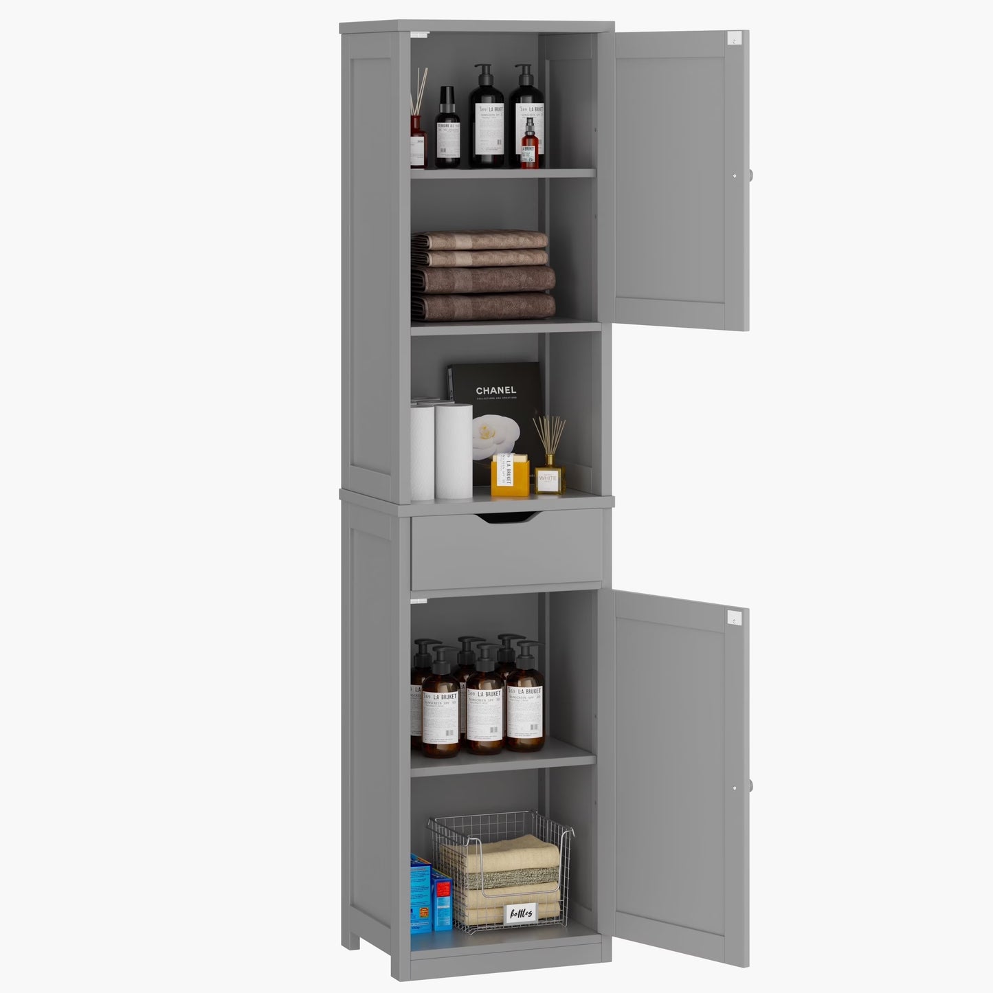 Walsunny Bathroom Storage Cabinet 64" Tall Wooden Kitchen Cupboard Pantry Cabinet with Doors Shelves Drawer Black