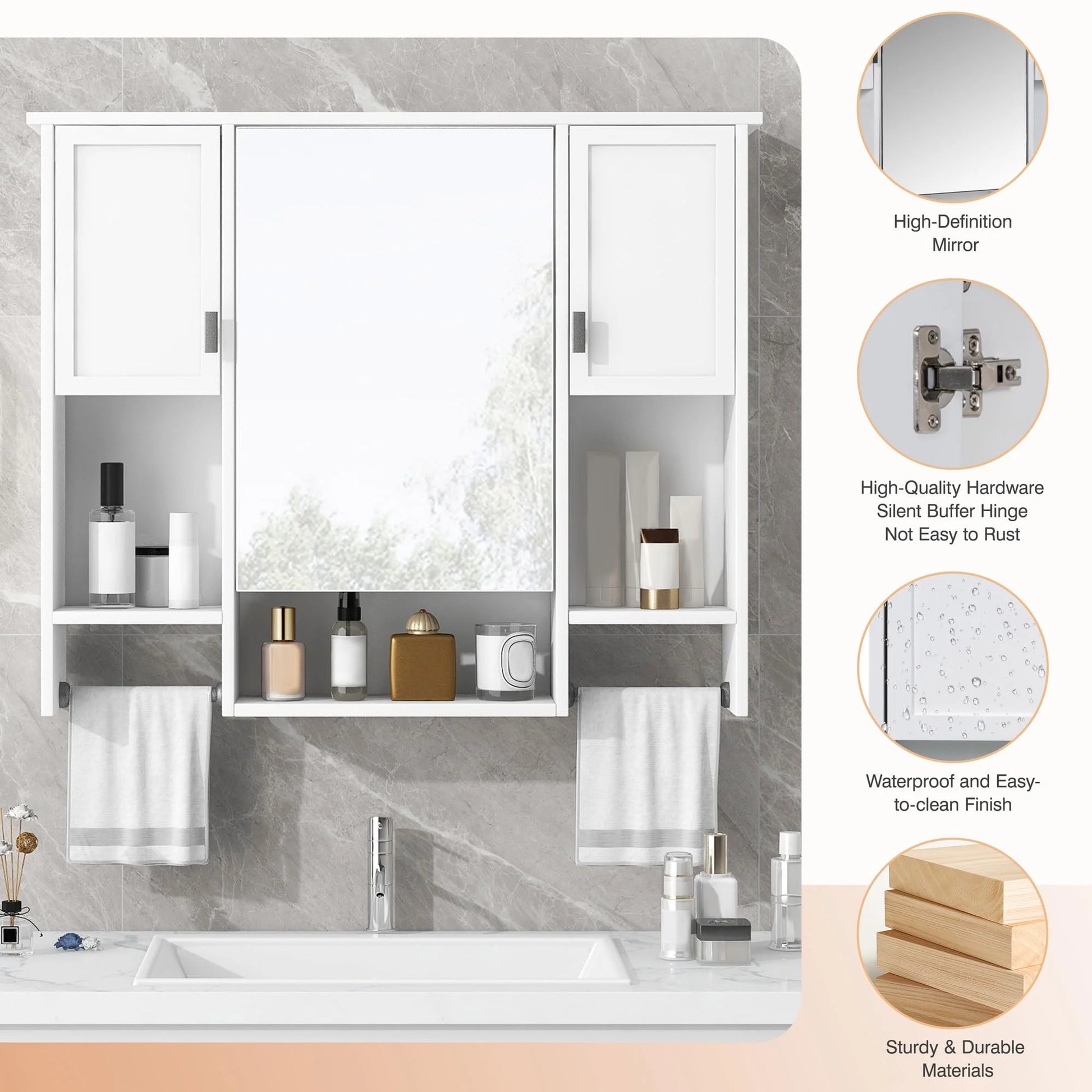 Royard Oaktree Bathroom Medicine Cabinet with Mirror, Bathroom Storage Cabinet with 3 Doors and Open Shelves, Wall Mounted Cabinet Space Saver with Towel Bars, Grey