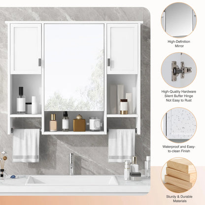 Royard Oaktree Bathroom Medicine Cabinet with Mirror, Bathroom Storage Cabinet with 3 Doors and Open Shelves, Wall Mounted Cabinet Space Saver with Towel Bars, Grey