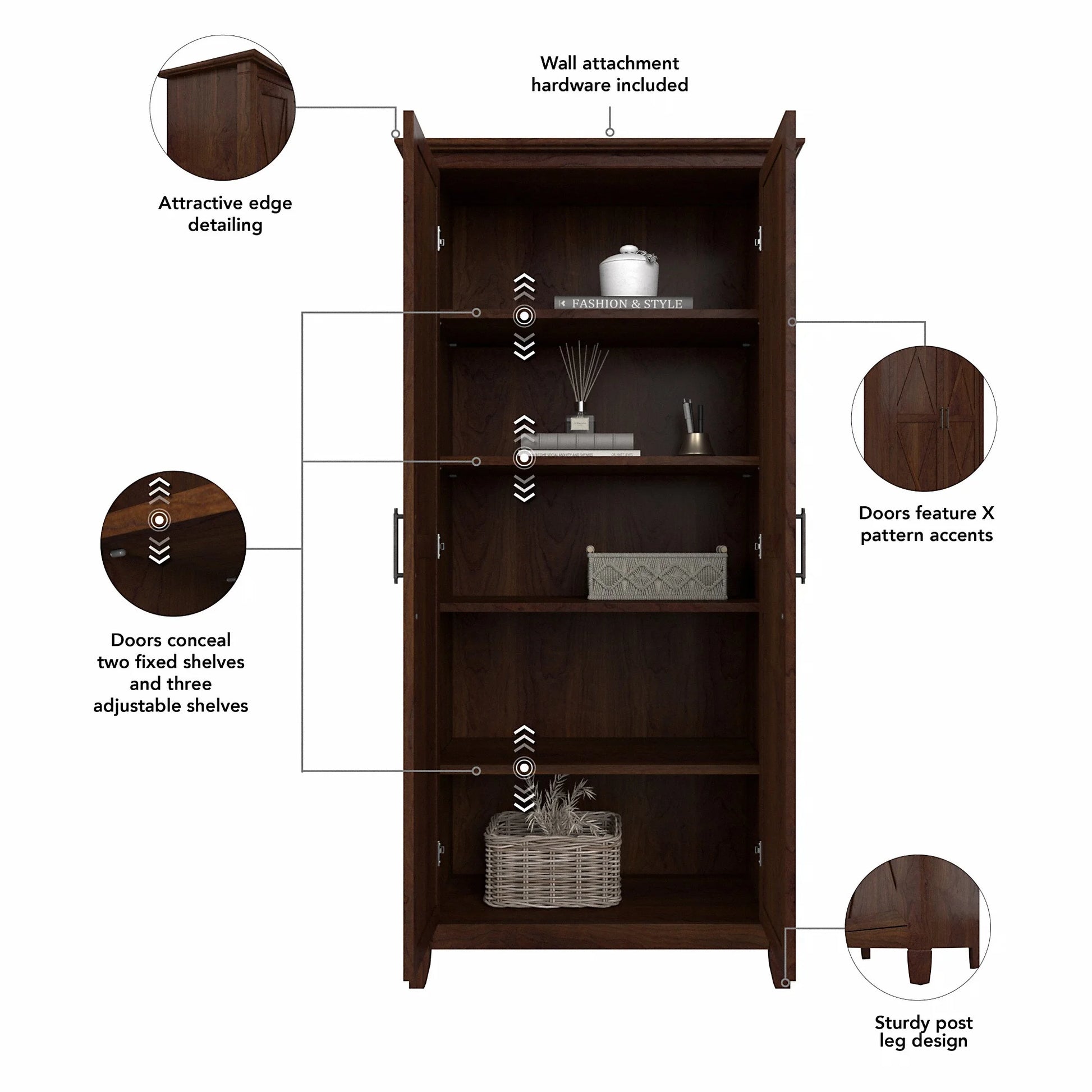 Bush Furniture Key West Tall Bathroom Storage Cabinet with Doors, Bing Cherry