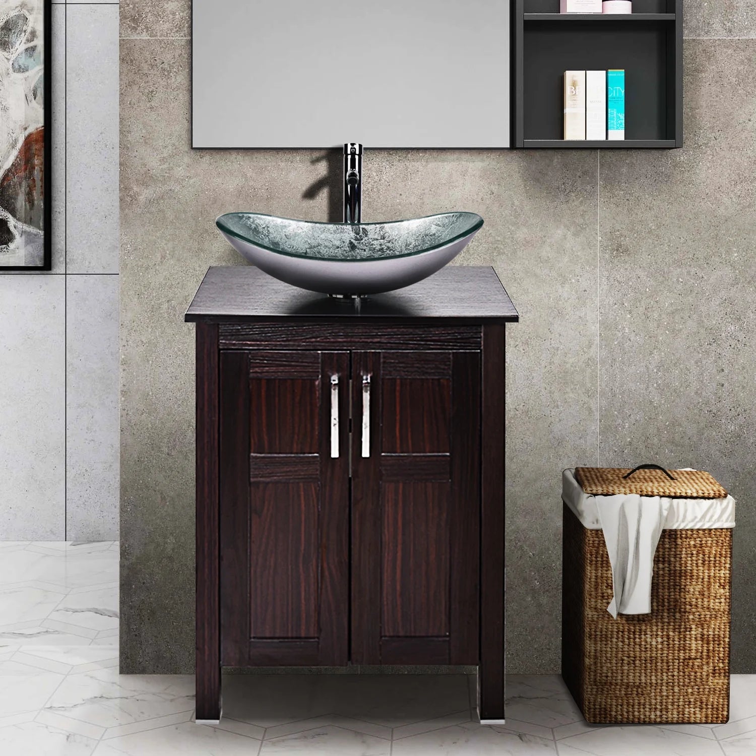 PULUOMIS Vessel Sink and Faucet Combo Bath Sinks with Mounting Ring and Pop Up Drain Round Bowl Basin Brown