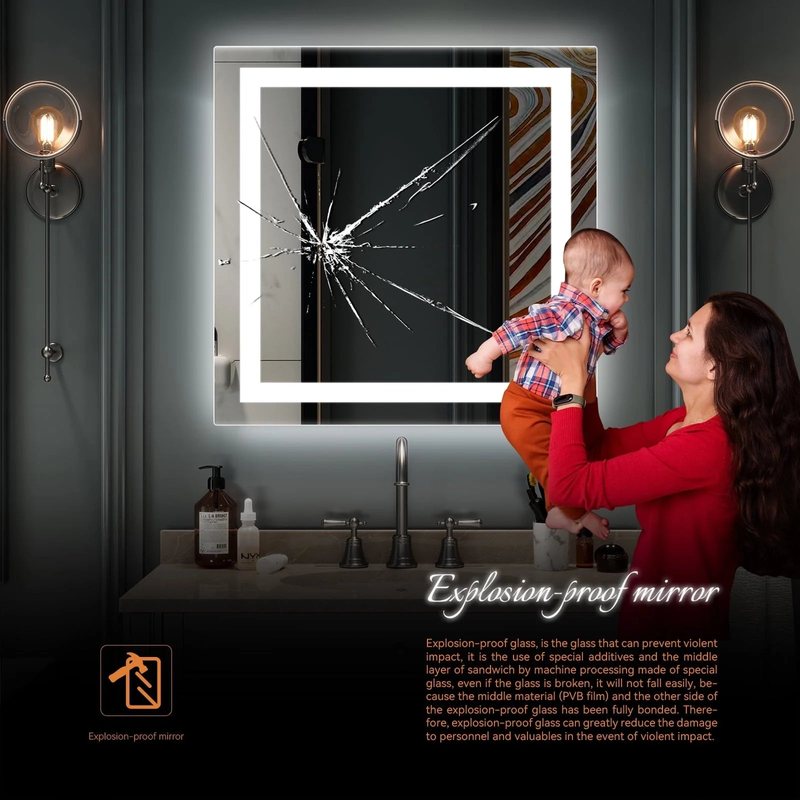 UBesGoo 32"x32'' Led Lighted Bathroom Mirror-Wall Mounted Touch Switch Illuminated Mirror,Vanity Mirrors for Home or Hotel,Silver