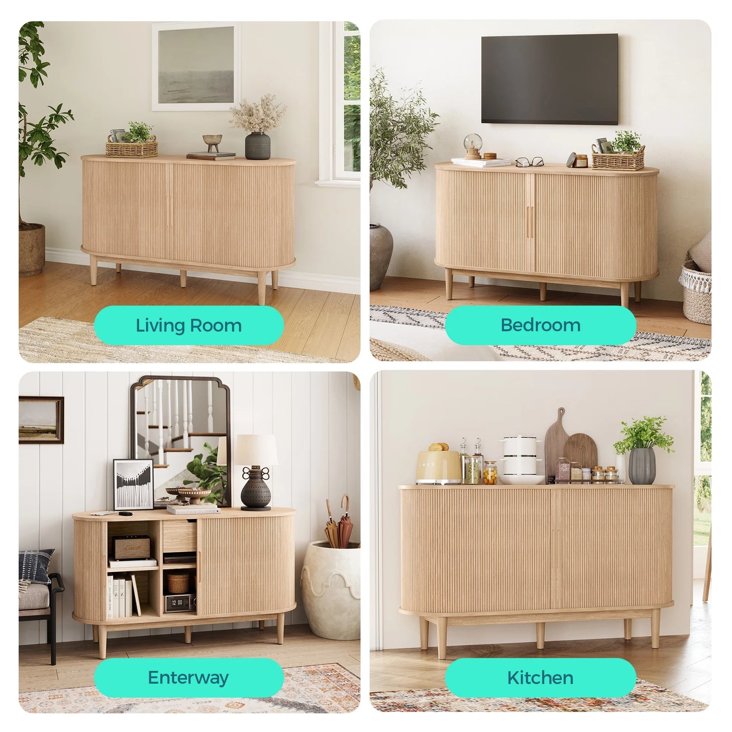 LINSY HOME Fluted Pantry Storage Cabinet, Kitchen Cabinets with Sliding Tambour Door, Wide Storage Cabinet with Removable & Adjustable Shelves for Dining Room, Living Room, Bathroom, Oak