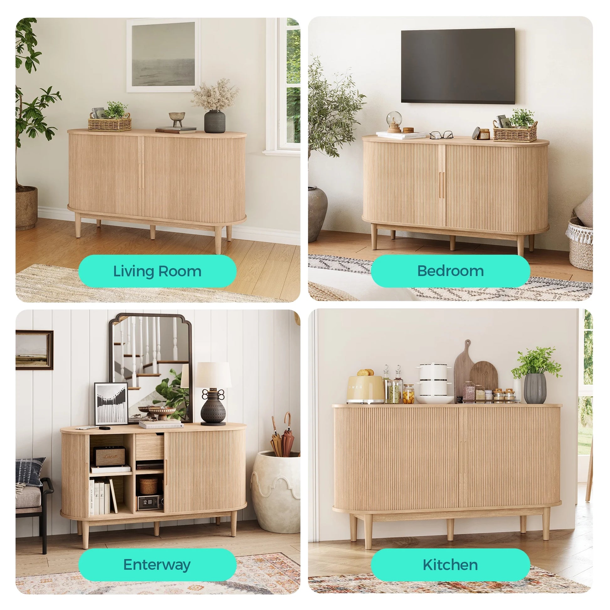 LINSY HOME Fluted Pantry Storage Cabinet, Kitchen Cabinets with Sliding Tambour Door, Wide Storage Cabinet with Removable & Adjustable Shelves for Dining Room, Living Room, Bathroom, Oak