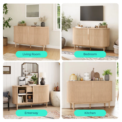 LINSY HOME Fluted Pantry Storage Cabinet, Kitchen Cabinets with Sliding Tambour Door, Wide Storage Cabinet with Removable & Adjustable Shelves for Dining Room, Living Room, Bathroom, Oak