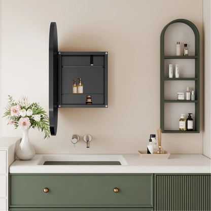 20x34 Inch Oval Recessed Bathroom Storage Cabinet, Matte Black Metal Frame, Mirror With Adjustable Shelves, Space Efficient Recessed, Versatile Functionality