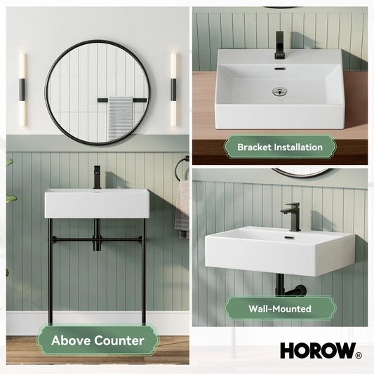 HOROW 24" Console Bathroom Sink,Free Standing 30 Inch Stainless Steel Support Pedestal Legs, Matte Black