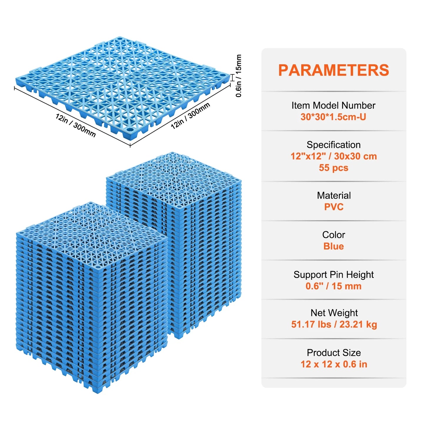 KFFKFF 55 PCS Interlocking Drainage Floor Mat 12" x 12" x 0.6" Modular Interlocking Cushion PVC Non-Slip Drainage Tiles Mats for Pool, Bathroom, Shower, Deck, Patio (Blue)