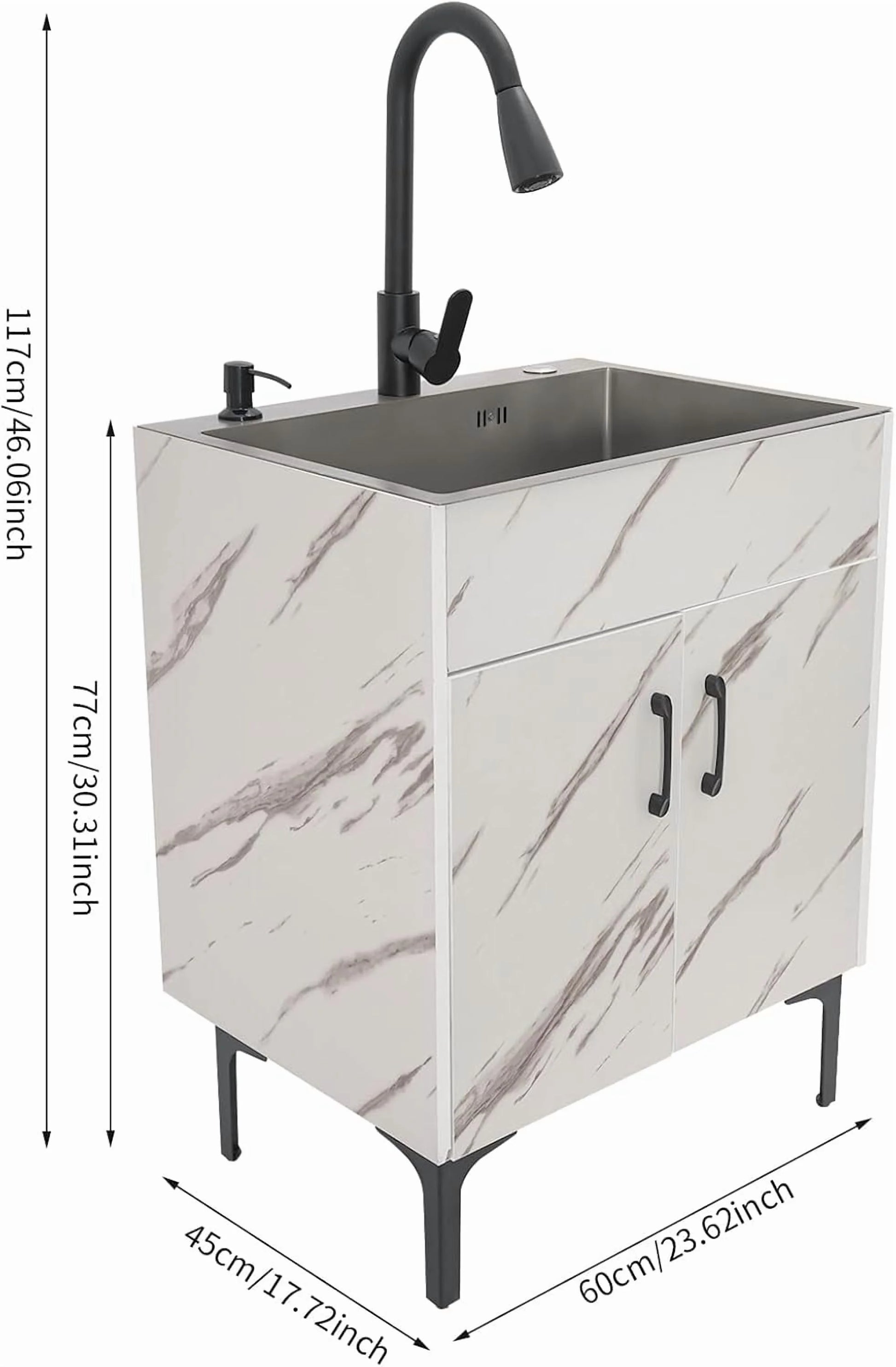 Laundry Sink Cabinet with Pull-Down Faucet Stainless Steel Utility Sink for Laundry Utility Room Bathroom Vanity Sink Cabinet with 2 Doors for Kitchen Outdoor (White)