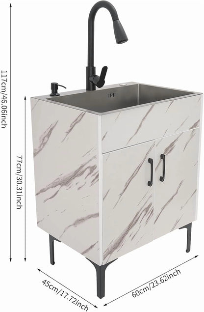 Laundry Sink Cabinet with Pull-Down Faucet Stainless Steel Utility Sink for Laundry Utility Room Bathroom Vanity Sink Cabinet with 2 Doors for Kitchen Outdoor (White)