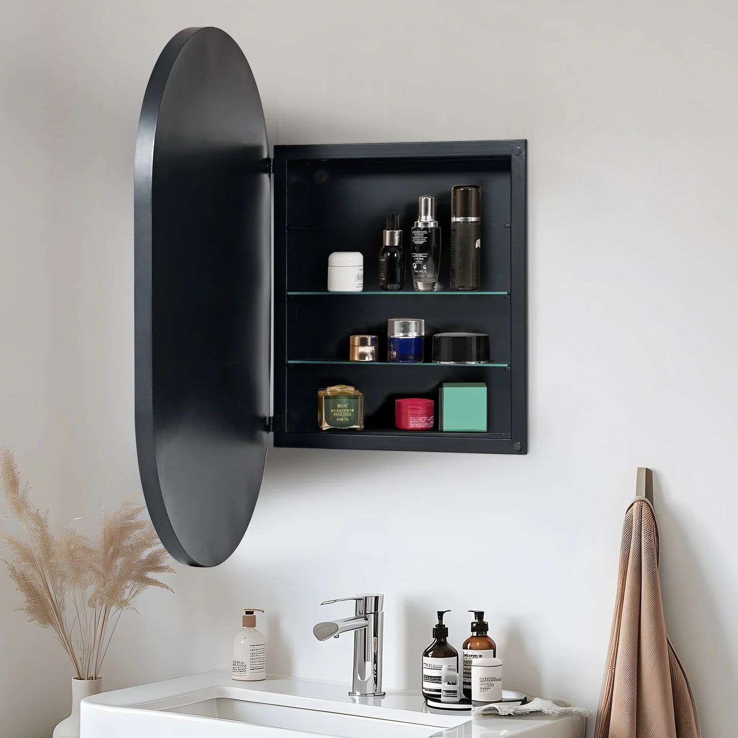 Soges Oval Bathroom Mirror Cabinet Medicine Cabinet Iron Frame with 2 Adjustable Shelves, Recess or Surface Mounted Installation, 34" x 20", Black