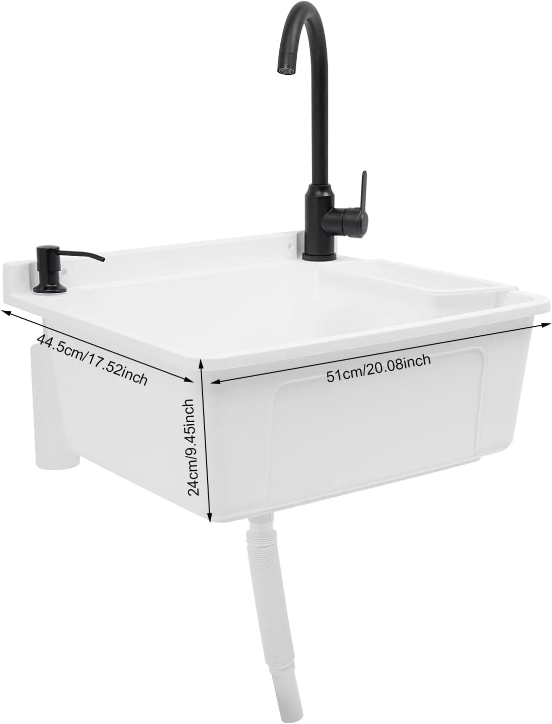 Wall-Mounted Utility Sink Tub Kit with Aluminum Alloy Faucet and Soap Box,Black Anti-clogging Laundry Sink for Bathrooms, Sundry Rooms, Garages(White)