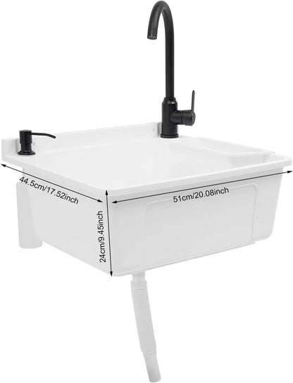 Wall-Mounted Utility Sink Tub Kit with Aluminum Alloy Faucet and Soap Box,Black Anti-clogging Laundry Sink for Bathrooms, Sundry Rooms, Garages(White)