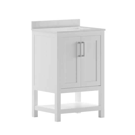 BizChair 24 Inch Bathroom Vanity with Sink Combo, Storage Cabinet with Soft Close Doors and Open Shelf, Carrara Marble Finish Countertop, White/White