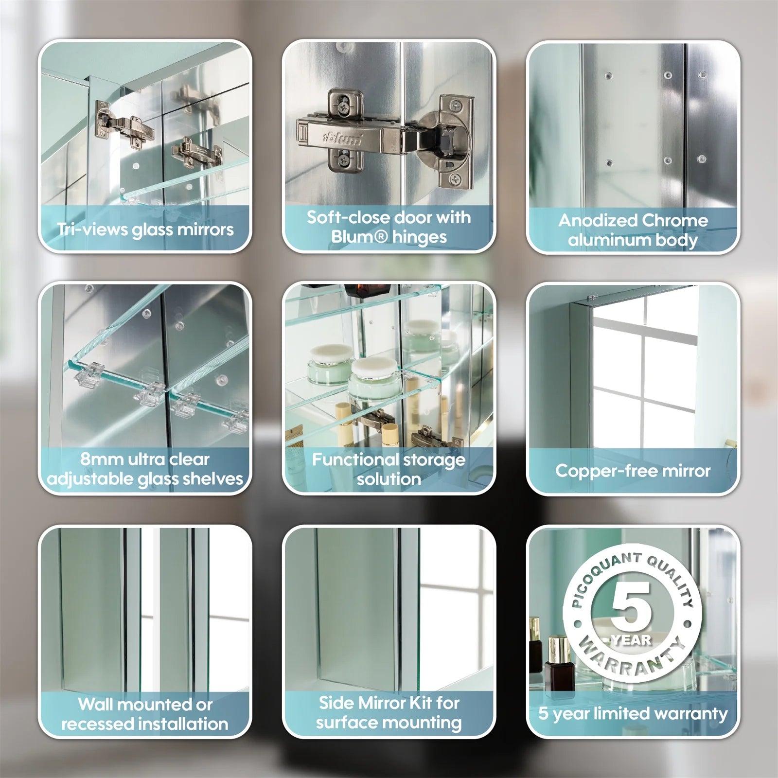 24" x 30" Bi-View Medicine Cabinet with Mirror, Surface Mount or Recessed Mirror Medicine Cabinet for Bathroom, Anodized Chrome Aluminum Frame, Bathroom Mirror Cabinet with Storage Right Open