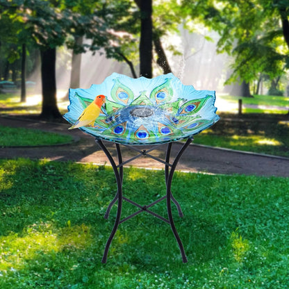 Outdoor Bird Bath with Metal Stand, 21.65" H Peacock Glass Birdbaths with Solar Light for Lawn Yard Garden Decor, 18" Dia