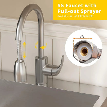 Ktaxon 24-Inch Laundry Sink with Cabinet and Pull-Out Sprayer Faucet, Stainless Steel Utility Sink with Cabinet, Grey Cabinet with Sink for Laundry & Utility Room, Kitchen, Bathroom, Basement