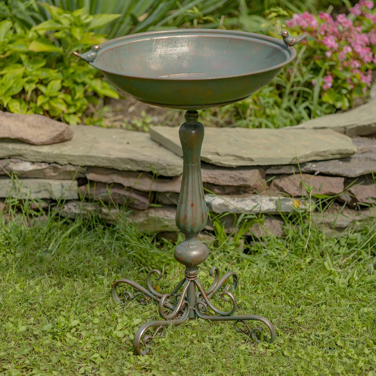 Zaer Ltd. Ornate Pedestal Style Birdbath with Cast Iron Birds on Rim (Blue)