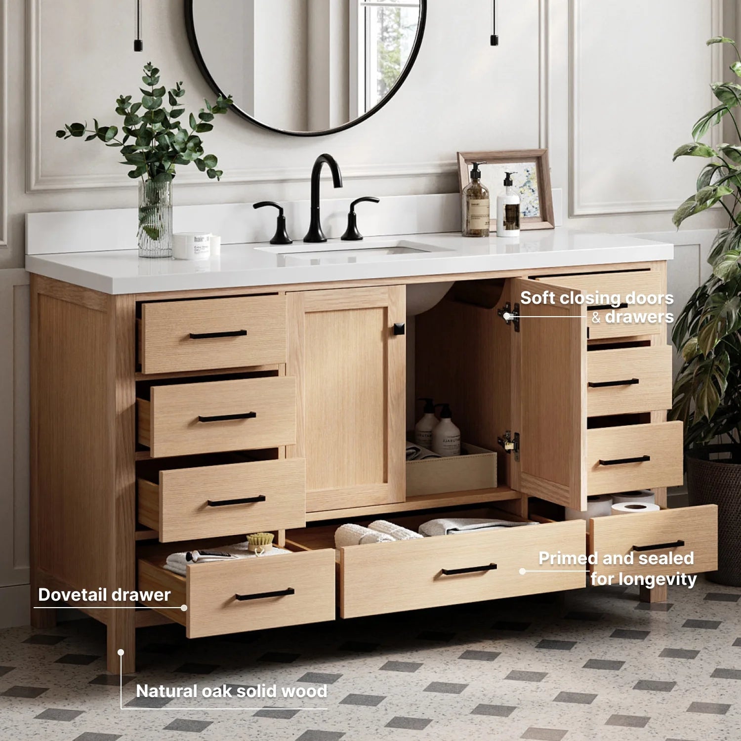 ARIEL Cambridge 61 Inch Single Rectangle Sink Bathroom Vanity With Pure White Quartz Countertop 1.5 Inch Edge In Oak