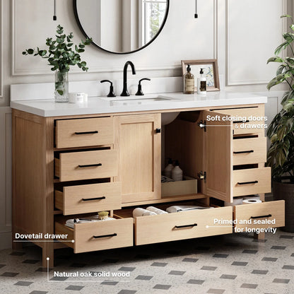 ARIEL Cambridge 61 Inch Single Rectangle Sink Bathroom Vanity With Pure White Quartz Countertop 1.5 Inch Edge In Oak