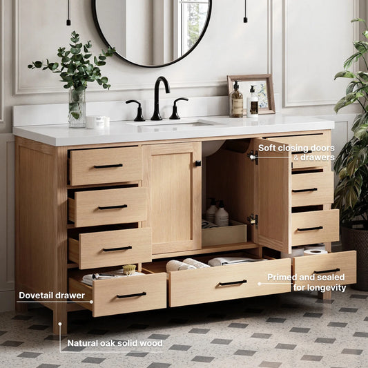 ARIEL Cambridge 61 Inch Single Rectangle Sink Bathroom Vanity With Pure White Quartz Countertop 1.5 Inch Edge In Oak