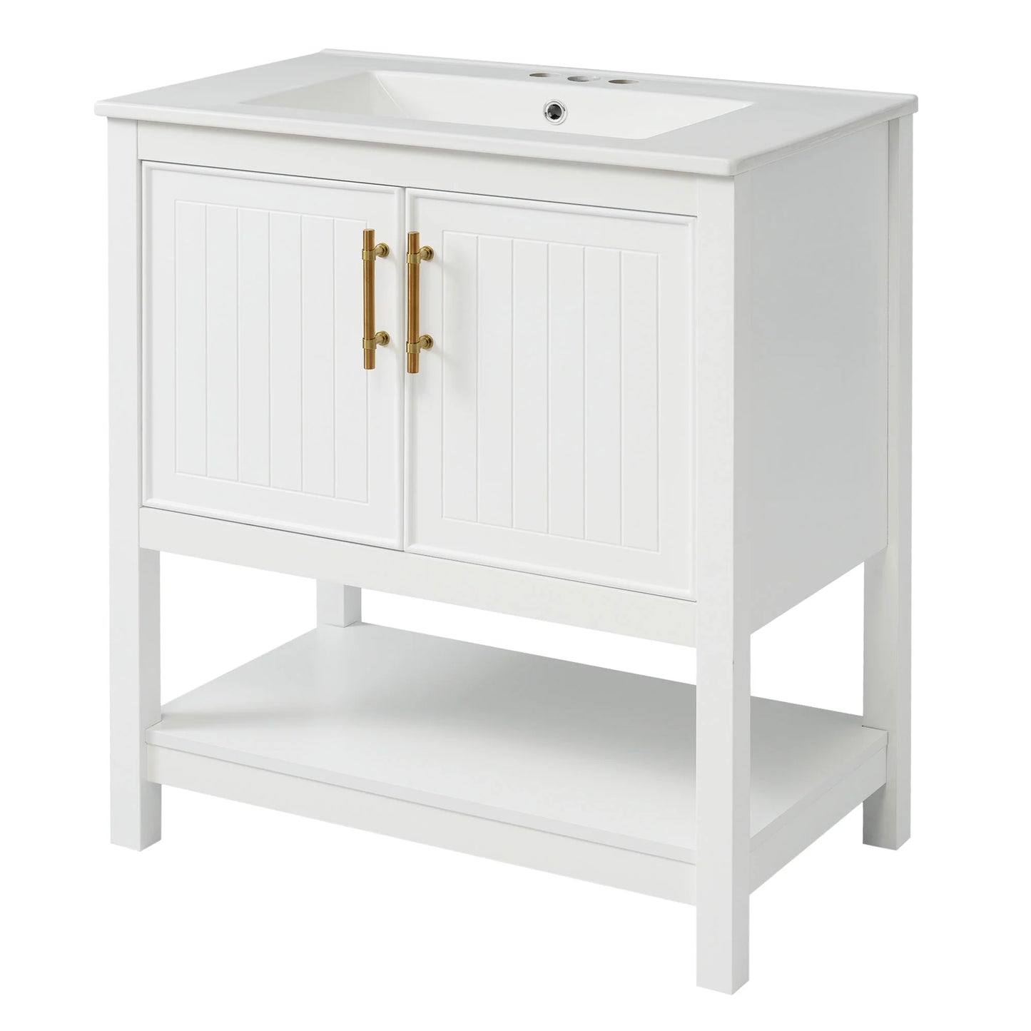 30" Freestanding Single Bathroom Vanity with Ceramic Top and Bottom Open Shelf, White