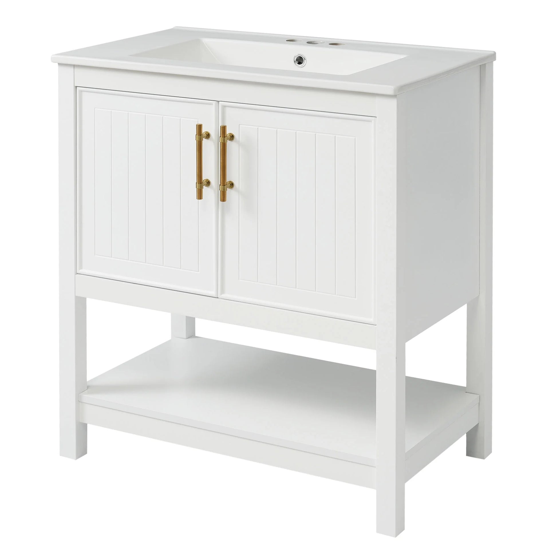 30" Freestanding Single Bathroom Vanity with Ceramic Top and Bottom Open Shelf, White