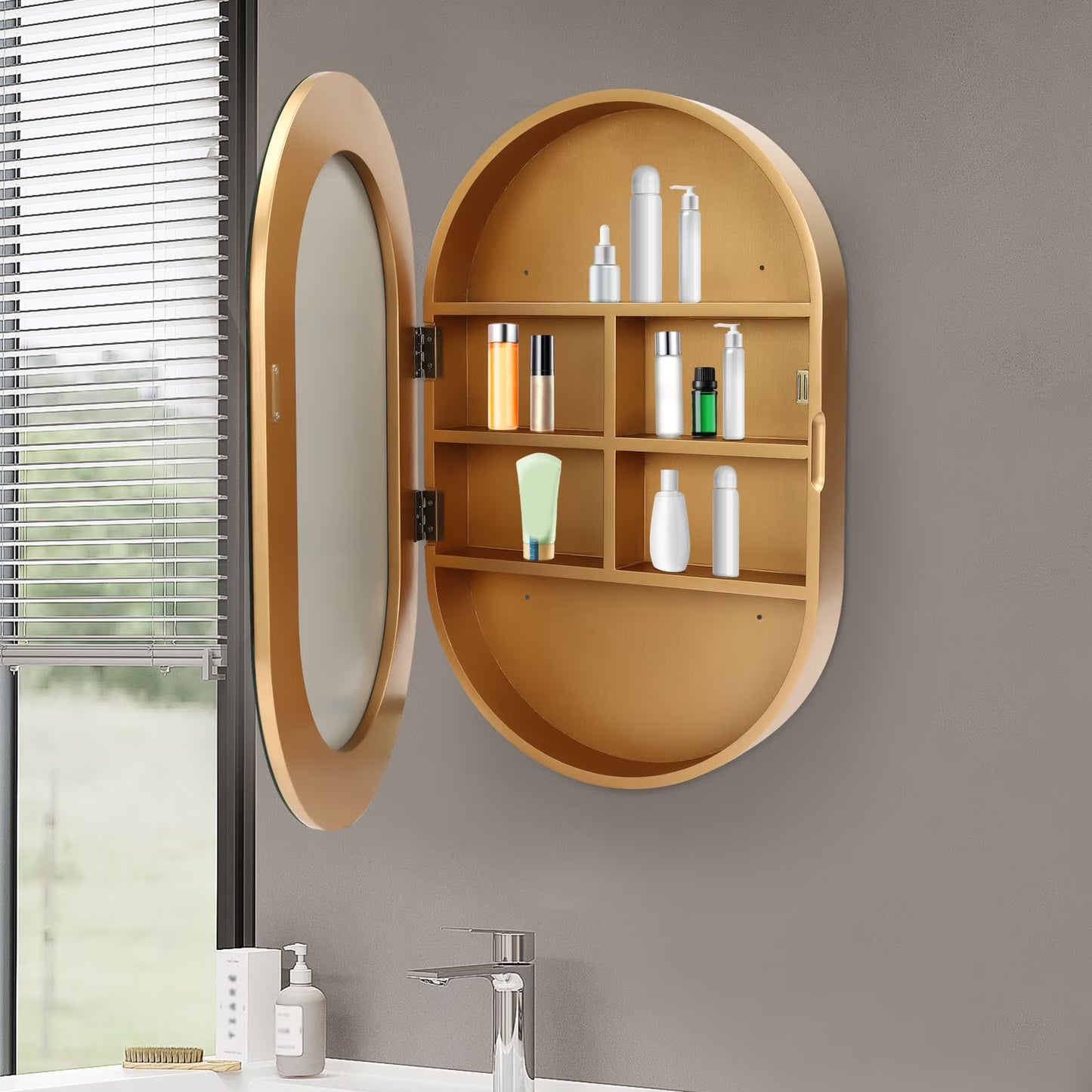 Gold Mirror Cabinet Oval Bathroom Wall-Mounted Mirror Cabinet Wood Storage Cabinet Mirror Surface W/Hide Shelves for Bathroom Toilet Balconies (19.76 * 30.82 * 4.05in)