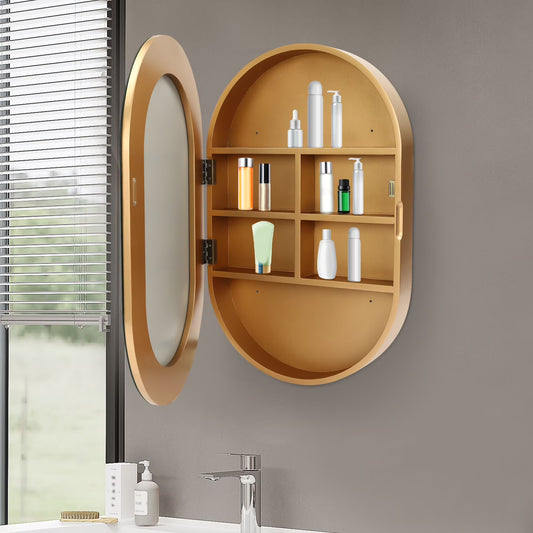 Gold Mirror Cabinet Oval Bathroom Wall-Mounted Mirror Cabinet Wood Storage Cabinet Mirror Surface W/Hide Shelves for Bathroom Toilet Balconies (19.76 * 30.82 * 4.05in)