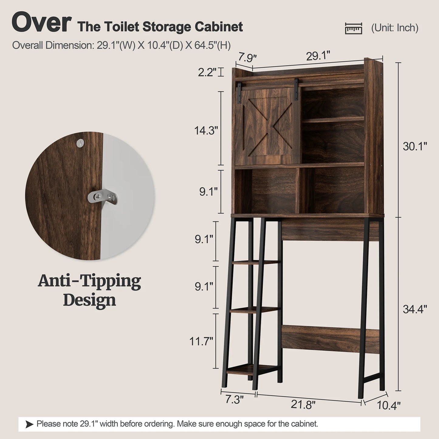 Walsunny Over the Toilet Storage Cabinet with Side Shelves Sliding Door Wooden Shelf Organizer for Restroom Bathroom Laundry,Walnut