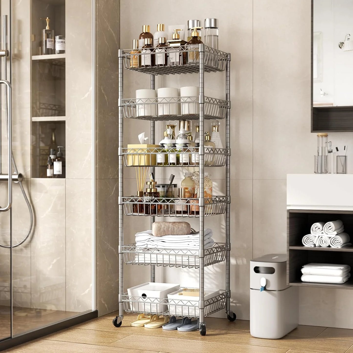 6 Tier Wire Shelving Unit with Wheels Baskets Storage Rack Corner Shelves Adjustable Shelf Closet Bathroom Organizers Metal Pantry Kitchen Garage Laundry Room 13.5" D x 13.5" W x 63" H Silver