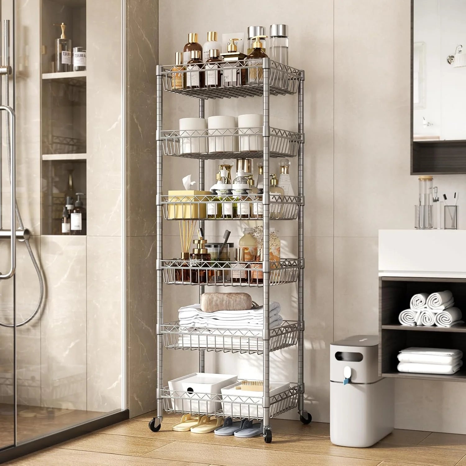 6 Tier Wire Shelving Unit with Wheels Baskets Storage Rack Corner Shelves Adjustable Shelf Closet Bathroom Organizers Metal Pantry Kitchen Garage Laundry Room 13.5" D x 13.5" W x 63" H Silver