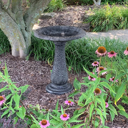 Tierra Garden Birds and Beyond Fiber Clay Bird Bath, Semi-Gloss Bird Bowl with Matte Base, 24 in. (Charcoal Sand)