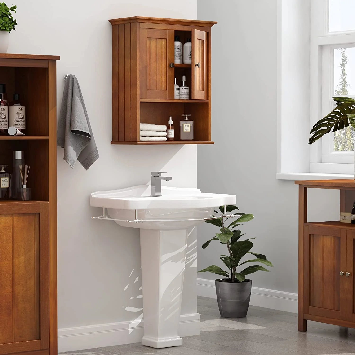 Wood Wall Cabinet, Bathroom Medicine Cabinet Storage with Doors and Adjustable Shelf, Rustic Cabinet Wall Mounted for Bathroom, Living Room, Kitchen, Yellow
