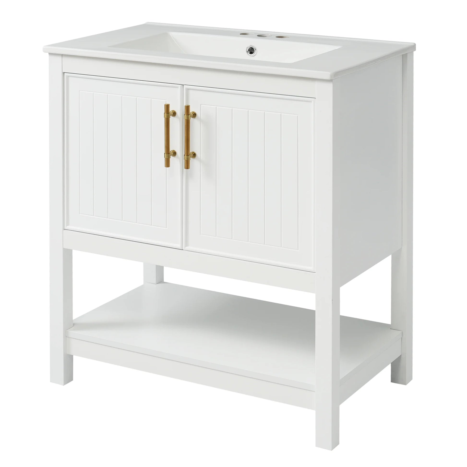 30-Inch White Bathroom Vanity with Ceramic Sink and Versatile Storage - Ideal for Small Bathrooms, White
