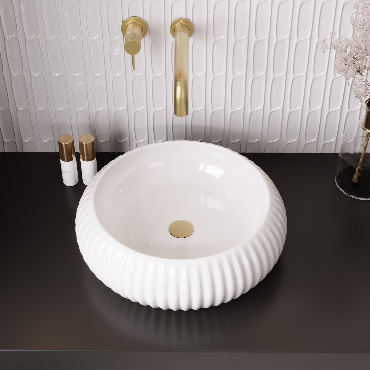 DV-1V0223 DeerValley 16" x 5'' Bathroom Sink,White Ceramic Circular Vessel Sink,Vitreous China Vessel Bathroom Sink with Fluted Sides and Overflow