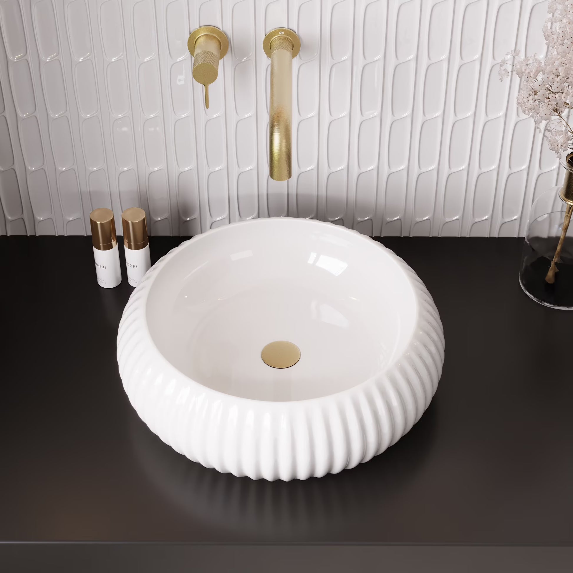 DV-1V0223 DeerValley 16" x 5'' Bathroom Sink,White Ceramic Circular Vessel Sink,Vitreous China Vessel Bathroom Sink with Fluted Sides and Overflow