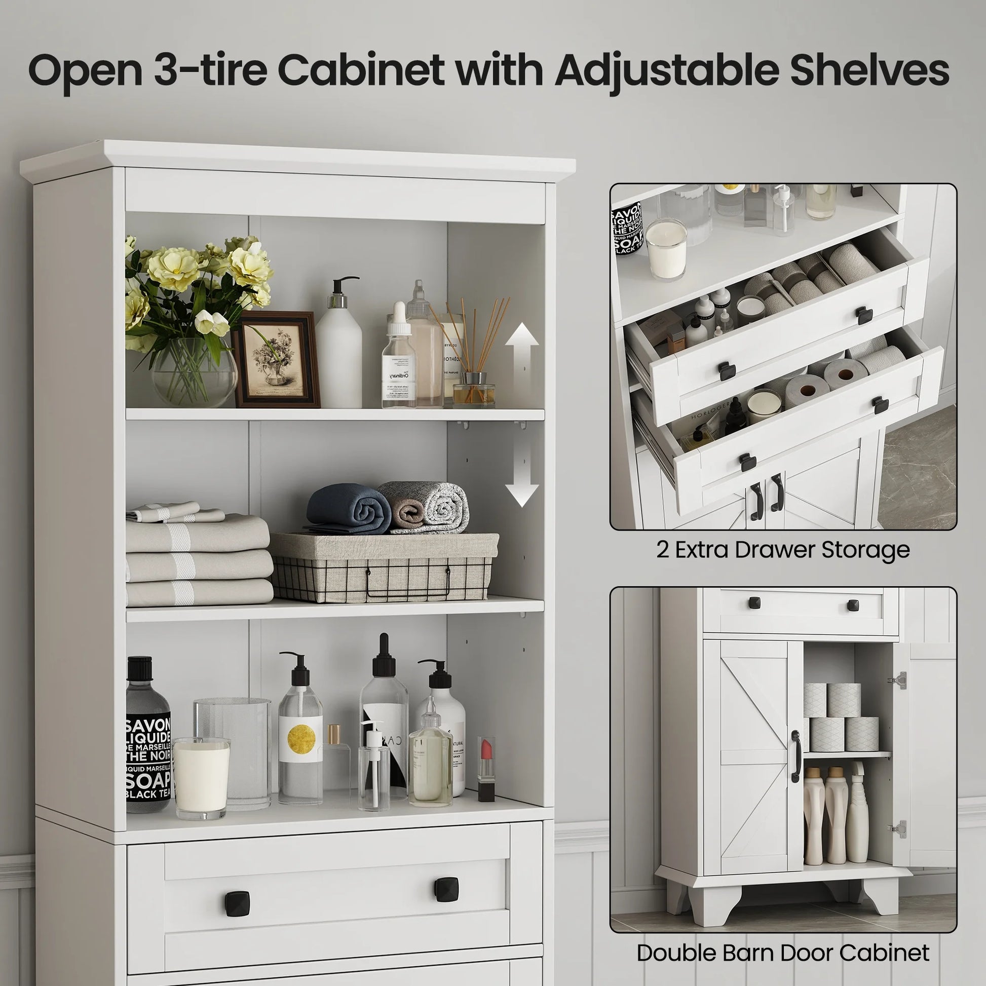 IDEALSOUL Tall Storage Cabinet, 72" Farmhouse Bathroom Storage with 2 Drawers, Adjustable Shelves & Barn Door, Cabinet for Bathroom, Living Room, Kitchen, off-White
