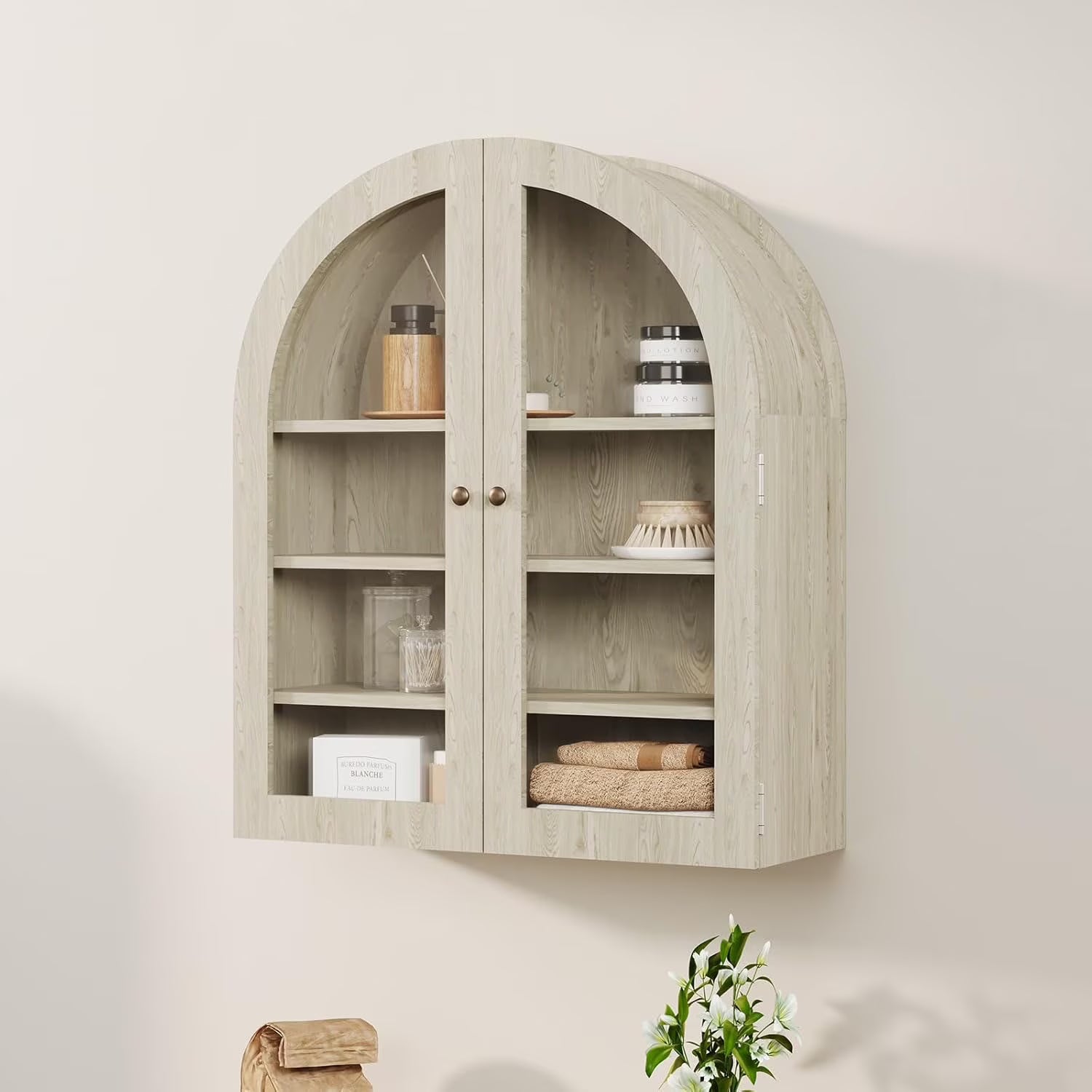 Arched Wall Mounted Bathroom Cabinet, Bathroom Wall Mounted Cabinet Over Toilet Storage Organizer Modern 4-Tier Wall Hanging Storage Organizer Medicine Cabinet Hanging Cabinet 24"w x 28''h x 9''d