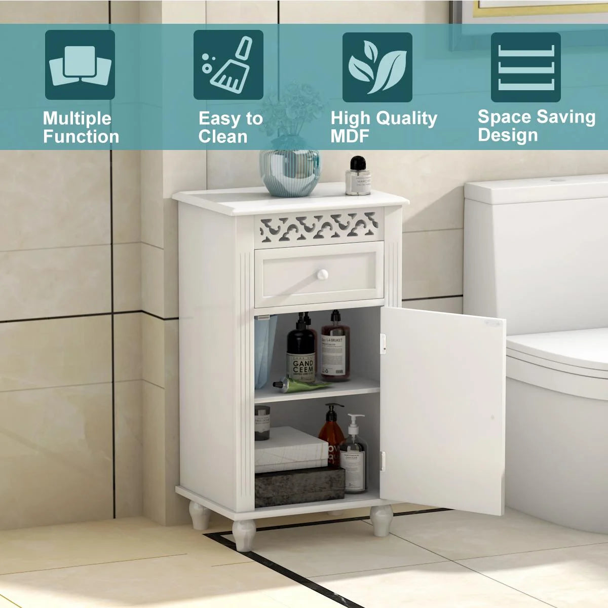 Giantex Storage Floor Cabinet W/One Cabinet Two-Layer Adjustable Shelves & One Drawer Bathroom Cupboard Organizer Kitchen Collection Cabinet Shelf Nightstand Beside End Table White (1 Drawer)