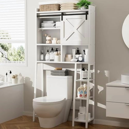 Over The Toilet Storage Cabinet, Farmhouse Storage Cabinet Over Toilet with Sliding Barn Doors, Freestanding Bathroom Organizer Shelf Space Saving, Grey