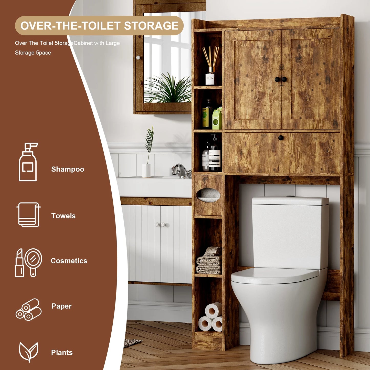 Apeaka Over The Toilet Storage Cabinet,Bathroom Storage Cabinet with Wooden Doors,Bathroom Organizer Over-The-Toilet Cabinet(White)