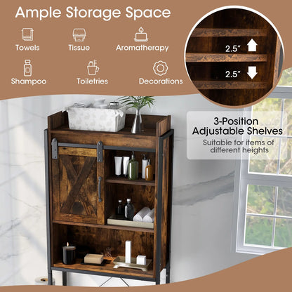 Topbuy Over The Toilet Storage Cabinet 4-Tier Bathroom Organizer w/ Adjustable Shelves Sliding Barn Door & Toilet Paper Holder Rustic Brown