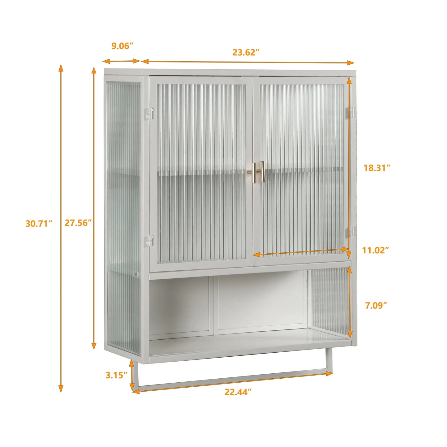 Two-door Wall Cabinet, Modern Kitchen Wall Mounted Cabinet with 2 Glass Doors, Two-tier Enclosed Storage, an Open Shelf, Towel Rack, Metal Wall Cabinet for Entryway, Living Room, Bathroom, White